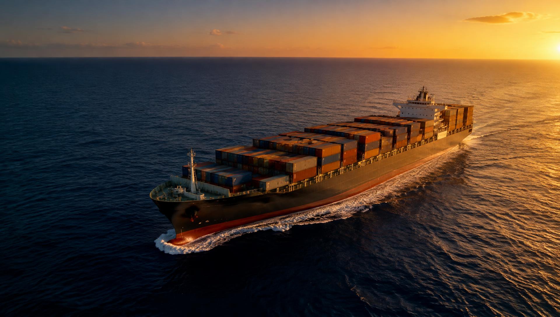 Container ship crossing the ocean at sunset